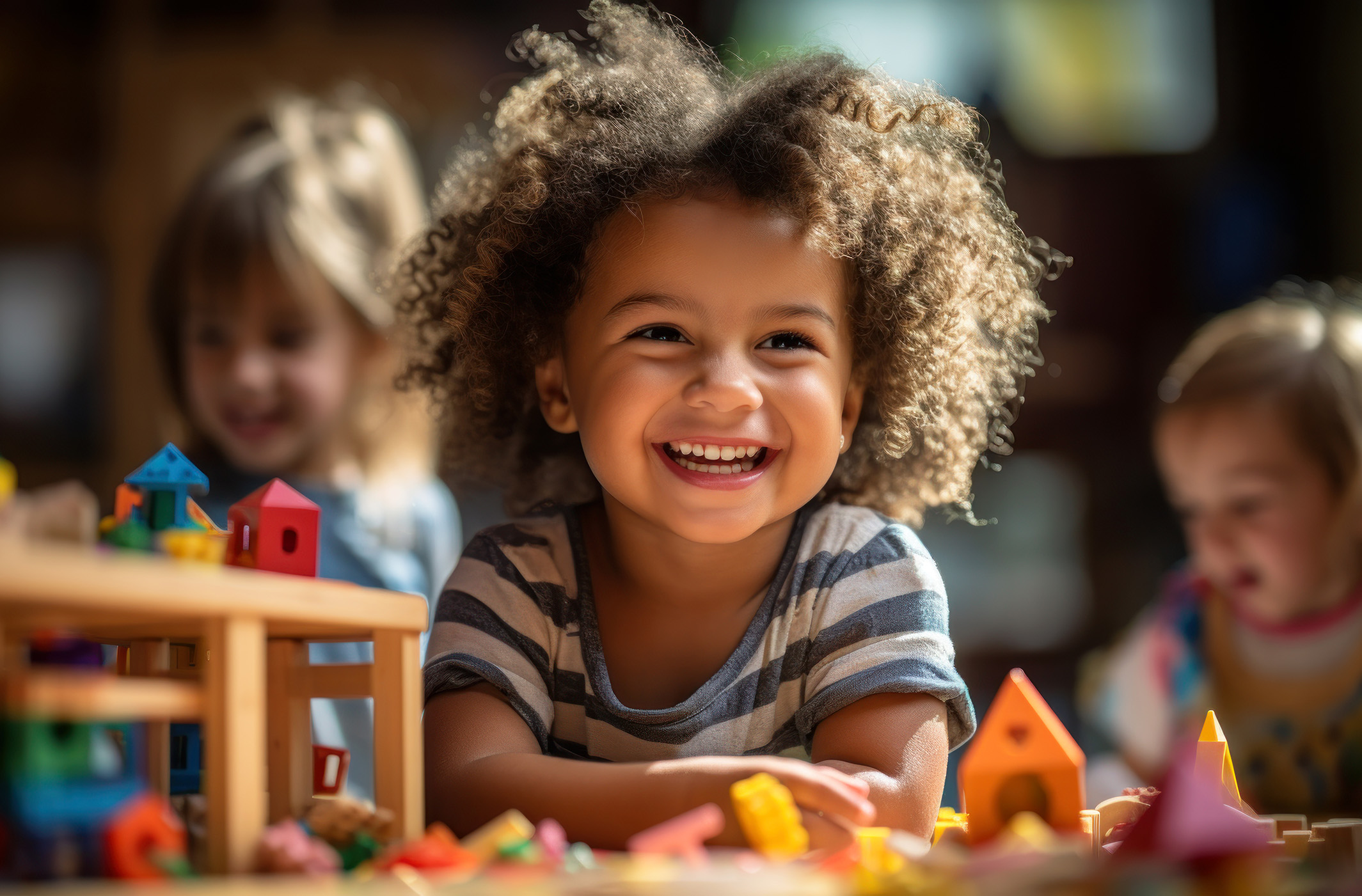 Happy children play with toy blocks, preschool kids on playgroun