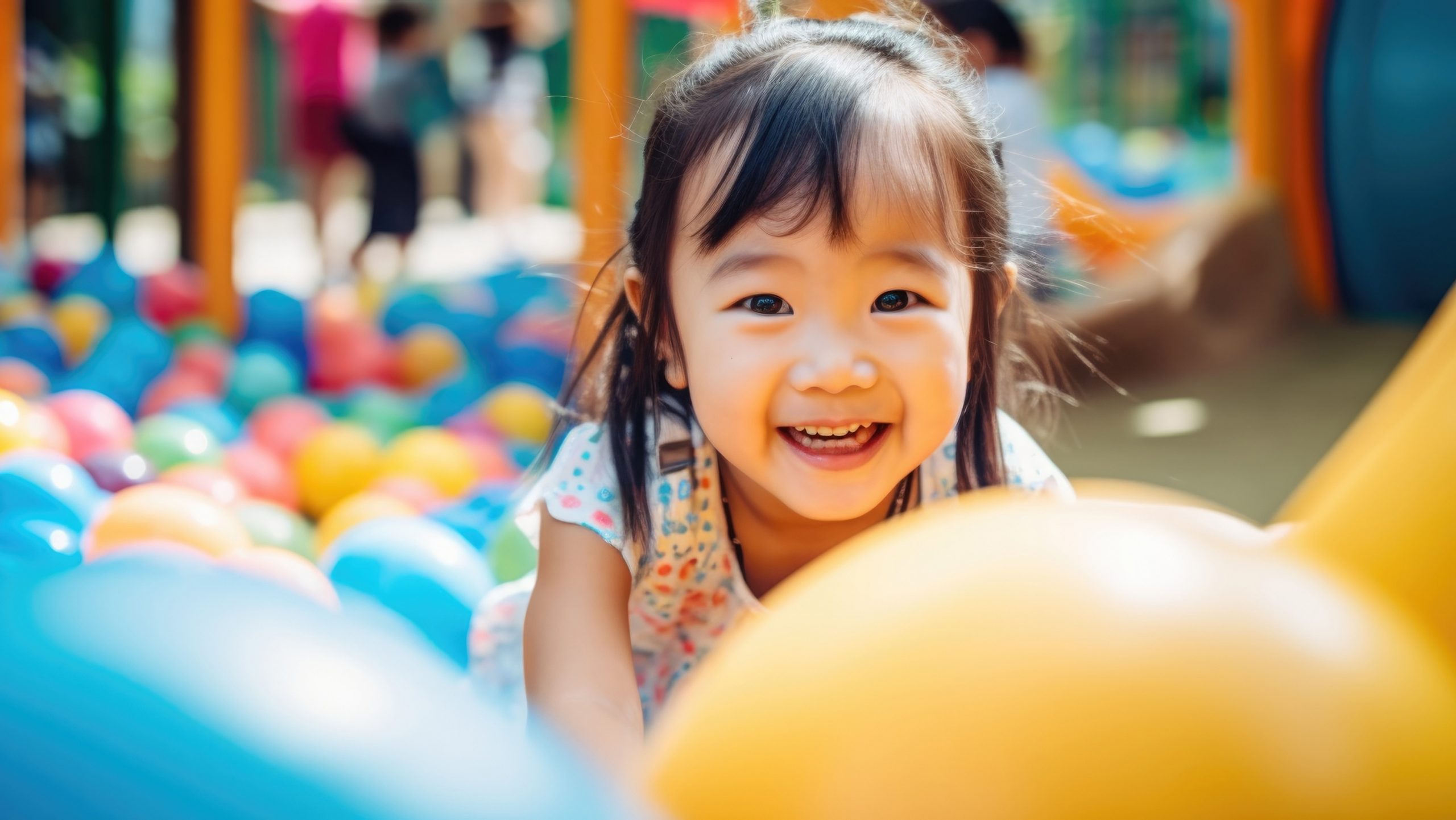 Asian girl engaged in outdoor play at school or kindergarten playground, benefiting children’s wellness during the summer.